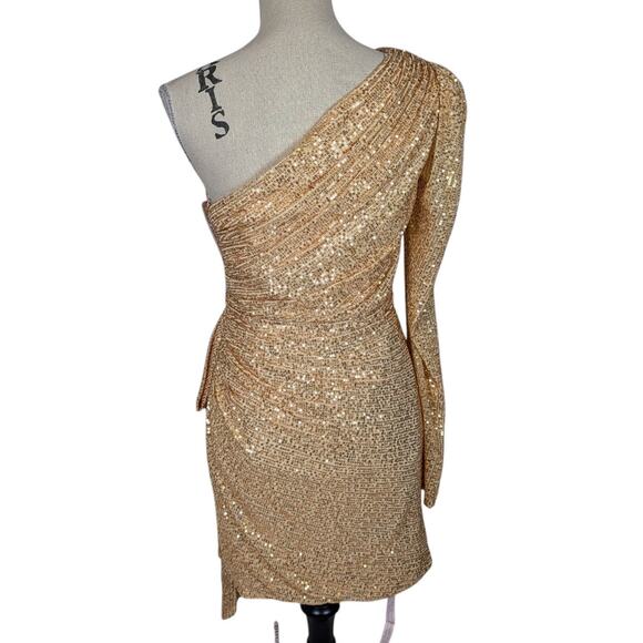IEENA for Mac Duggal Gold Sequin One Shoulder Ruched Mini Dress Size 8 - Picture 3 of 16